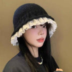 Womens Lace-Trimmed Knitted Fisherman Hat