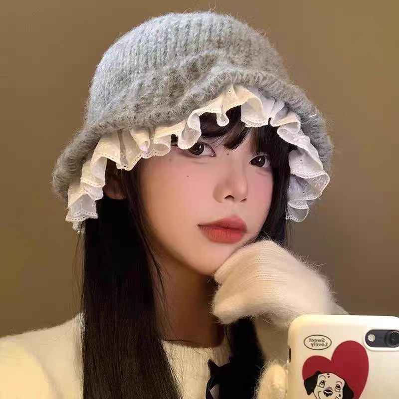 Womens Lace-Trimmed Knitted Fisherman Hat