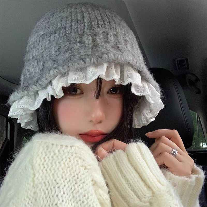 Womens Lace-Trimmed Knitted Fisherman Hat