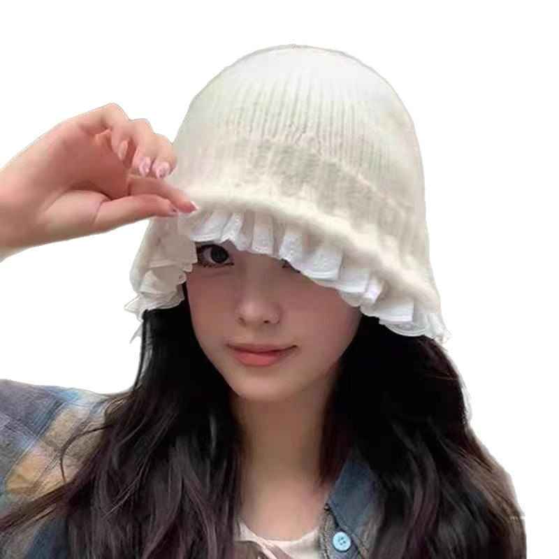 Womens Lace-Trimmed Knitted Fisherman Hat