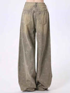 Womens Retro Heavy-Print Cross-Star Design Wide Straight Pants