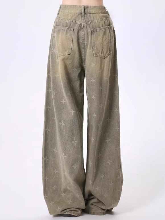 Womens Retro Heavy-Print Cross-Star Design Wide Straight Pants