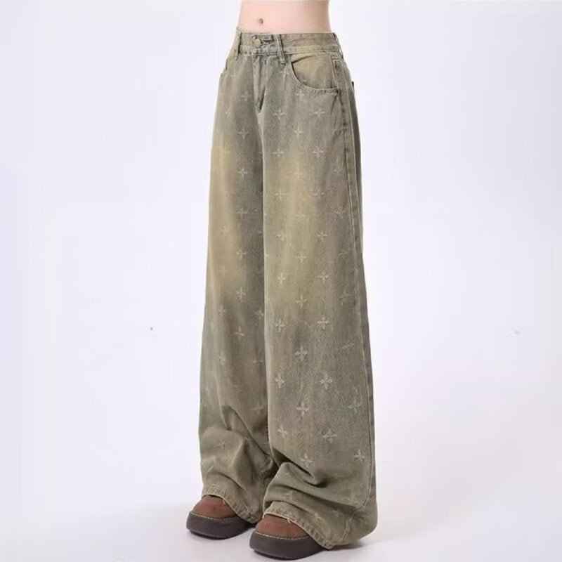 Womens Retro Heavy-Print Cross-Star Design Wide Straight Pants