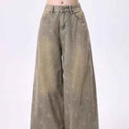 Womens Retro Heavy-Print Cross-Star Design Wide Straight Pants
