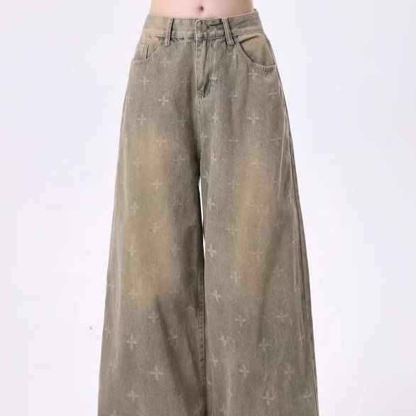Womens Retro Heavy-Print Cross-Star Design Wide Straight Pants