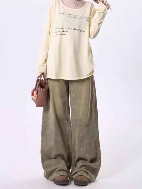 Womens Retro Heavy-Print Cross-Star Design Wide Straight Pants