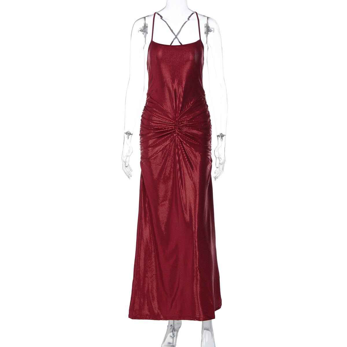 Women's Sexy Backless Gold-Embossed Pleated Bodycon Elegant Slip Dress