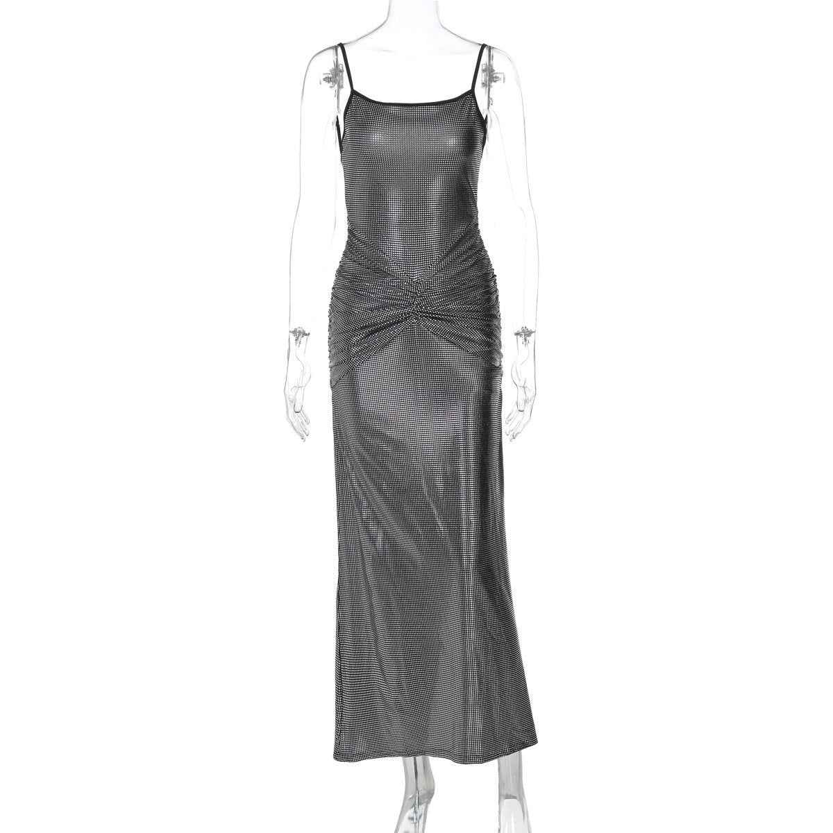 Women's Sexy Backless Gold-Embossed Pleated Bodycon Elegant Slip Dress