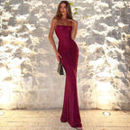 Women's Sexy Backless Gold-Embossed Pleated Bodycon Elegant Slip Dress