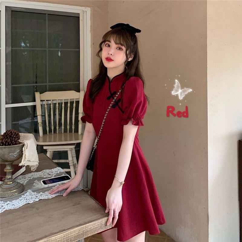 Women's Solid-Color Retro Fitted Waist Slimming French-Style Dress