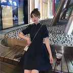 Women's Solid-Color Retro Fitted Waist Slimming French-Style Dress