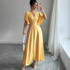 Women's Solid-Colored Split Simple Dress With Petal Sleeves