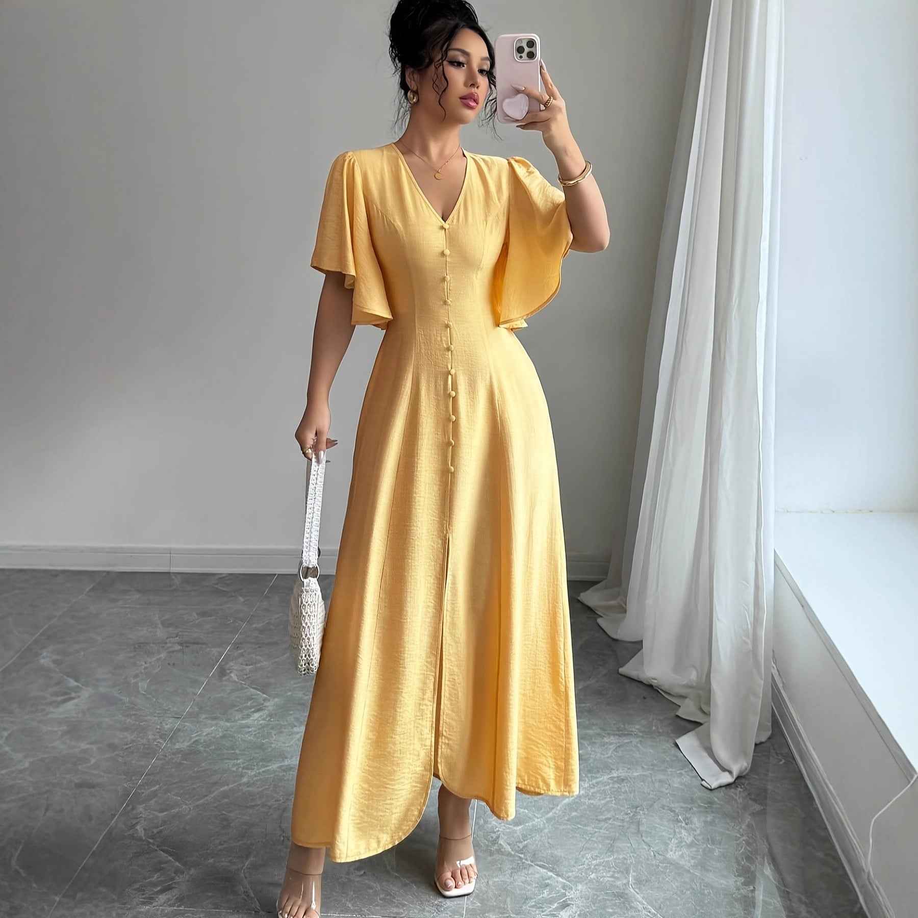 Women's Solid-Colored Split Simple Dress With Petal Sleeves