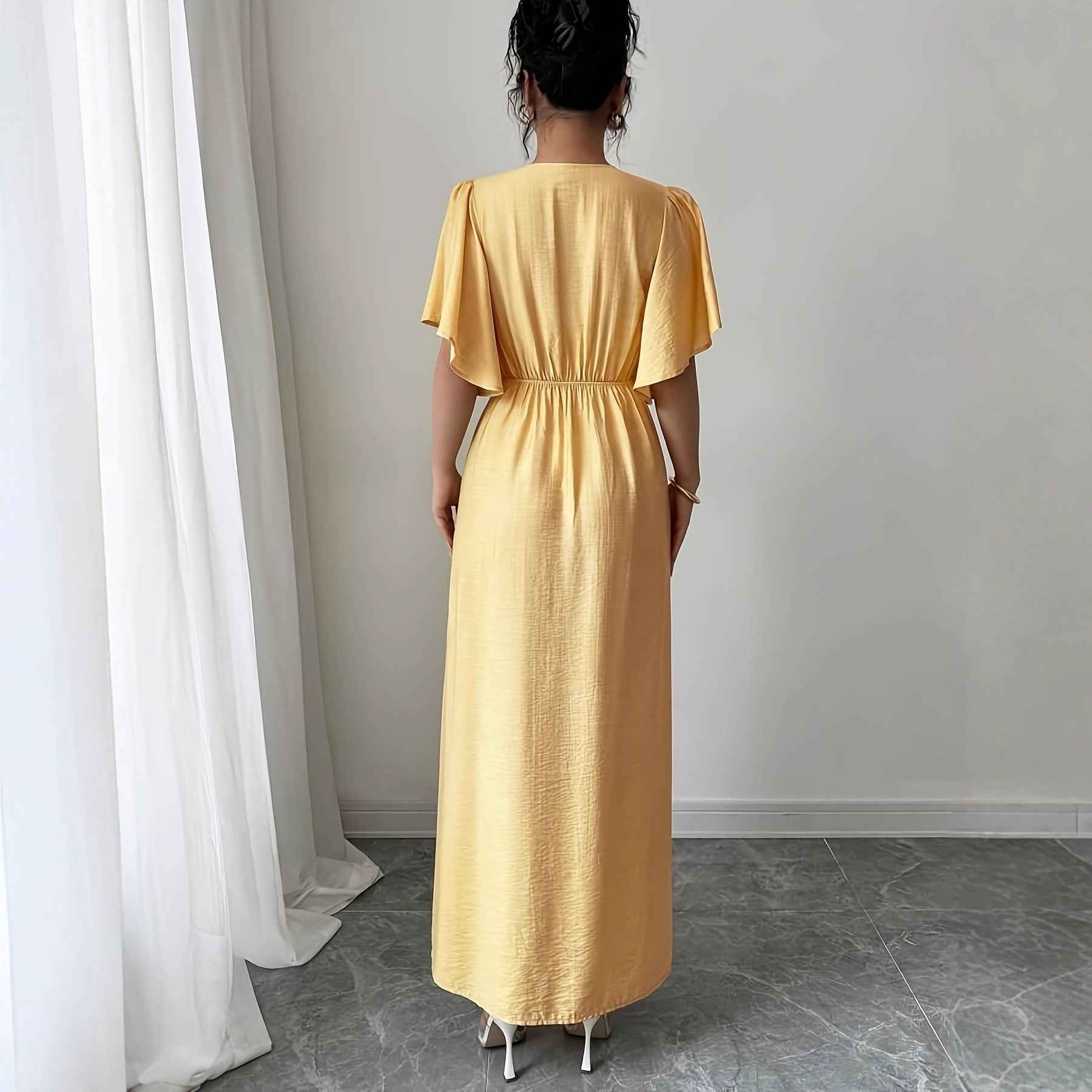 Women's Solid-Colored Split Simple Dress With Petal Sleeves