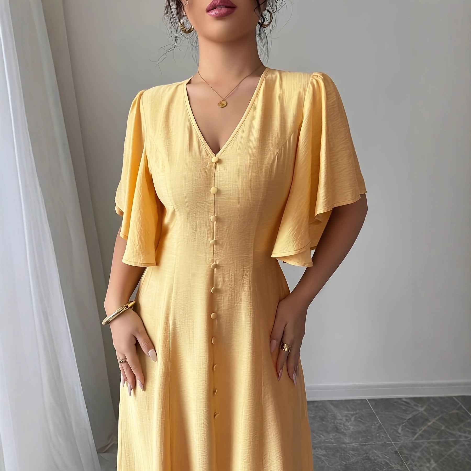 Women's Solid-Colored Split Simple Dress With Petal Sleeves