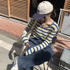 Womens V-neck Striped Knit Top With Long Sleeves