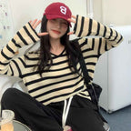 Womens V-neck Striped Knit Top With Long Sleeves