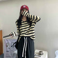Womens V-neck Striped Knit Top With Long Sleeves