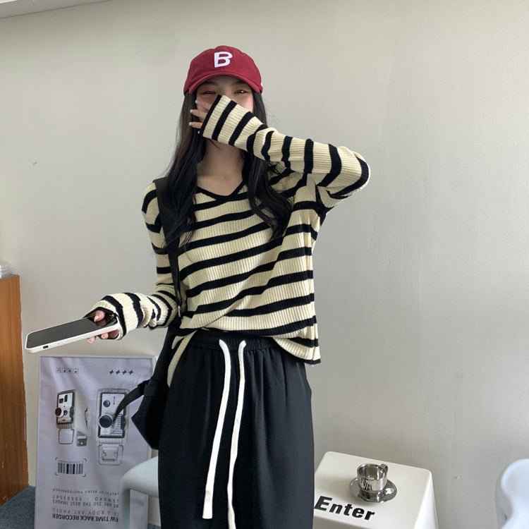 Womens V-neck Striped Knit Top With Long Sleeves