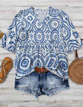Women's Vintage-print Loose-fit V-neck Short-sleeve Blouse