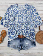 Women's Vintage-print Loose-fit V-neck Short-sleeve Blouse