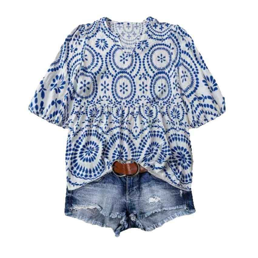 Women's Vintage-print Loose-fit V-neck Short-sleeve Blouse