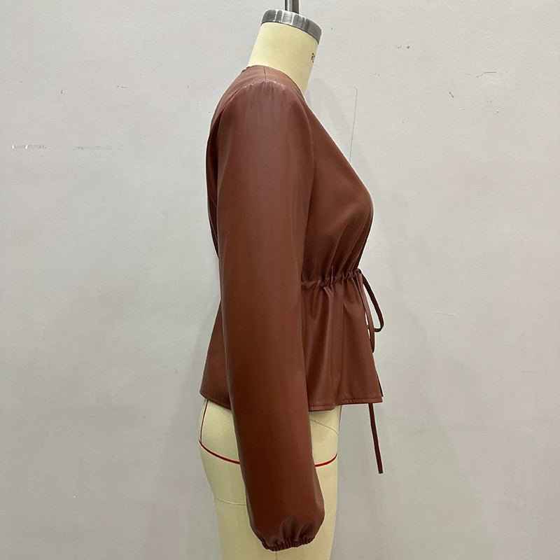 Women's Zip Front Faux Leather Jacket, Long Sleeve Drawstring Waist Jacket