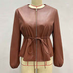 Women's Zip Front Faux Leather Jacket, Long Sleeve Drawstring Waist Jacket