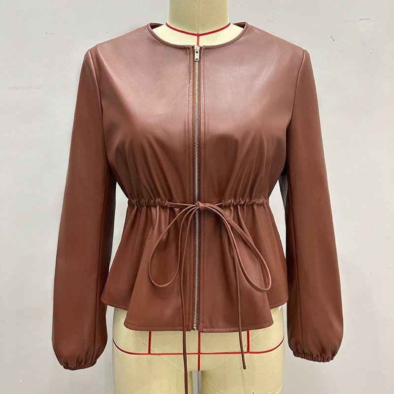 Women's Zip Front Faux Leather Jacket, Long Sleeve Drawstring Waist Jacket