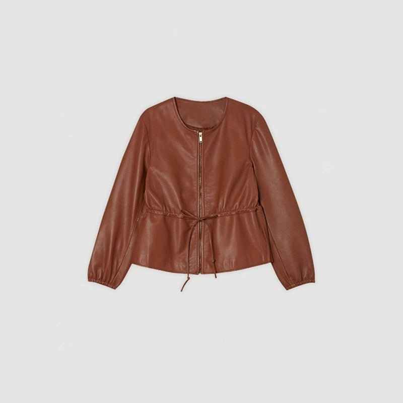 Women's Zip Front Faux Leather Jacket, Long Sleeve Drawstring Waist Jacket