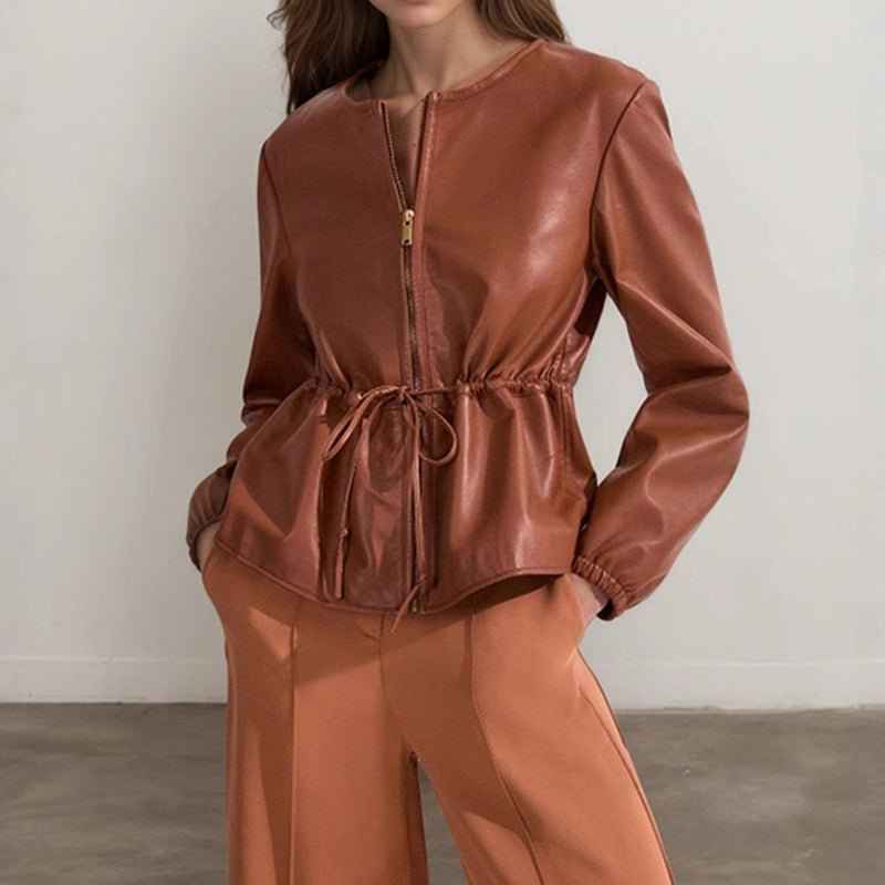 Women's Zip Front Faux Leather Jacket, Long Sleeve Drawstring Waist Jacket