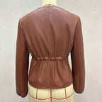 Women's Zip Front Faux Leather Jacket, Long Sleeve Drawstring Waist Jacket