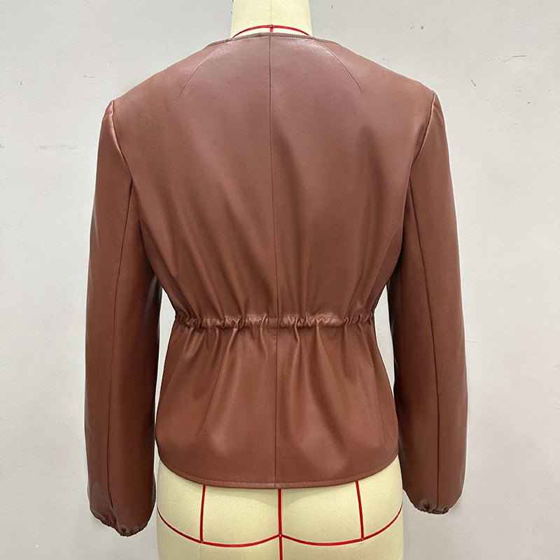 Women's Zip Front Faux Leather Jacket, Long Sleeve Drawstring Waist Jacket