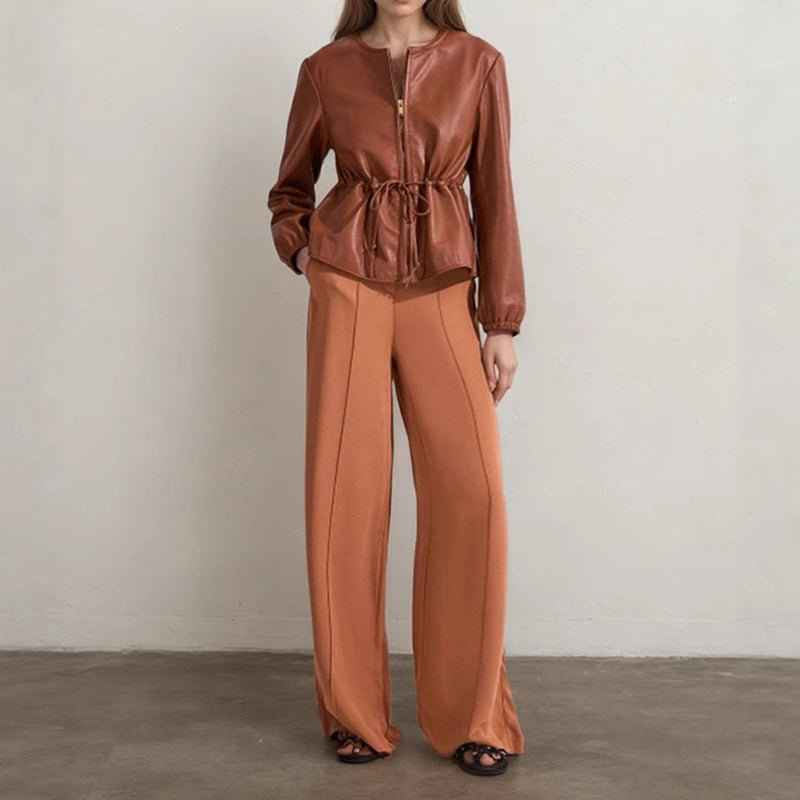 Women's Zip Front Faux Leather Jacket, Long Sleeve Drawstring Waist Jacket