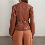 Women's Zip Front Faux Leather Jacket, Long Sleeve Drawstring Waist Jacket