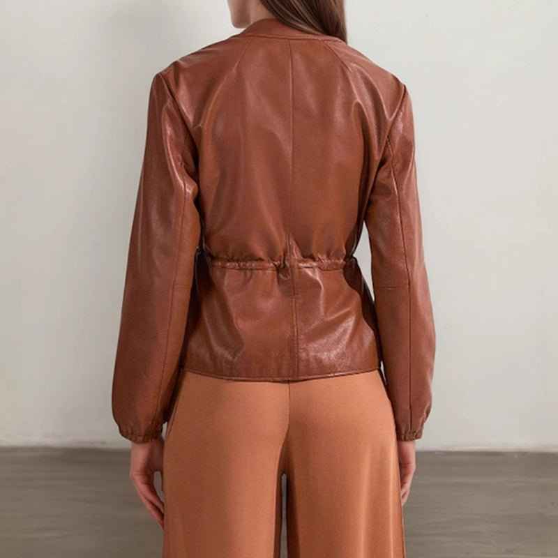 Women's Zip Front Faux Leather Jacket, Long Sleeve Drawstring Waist Jacket